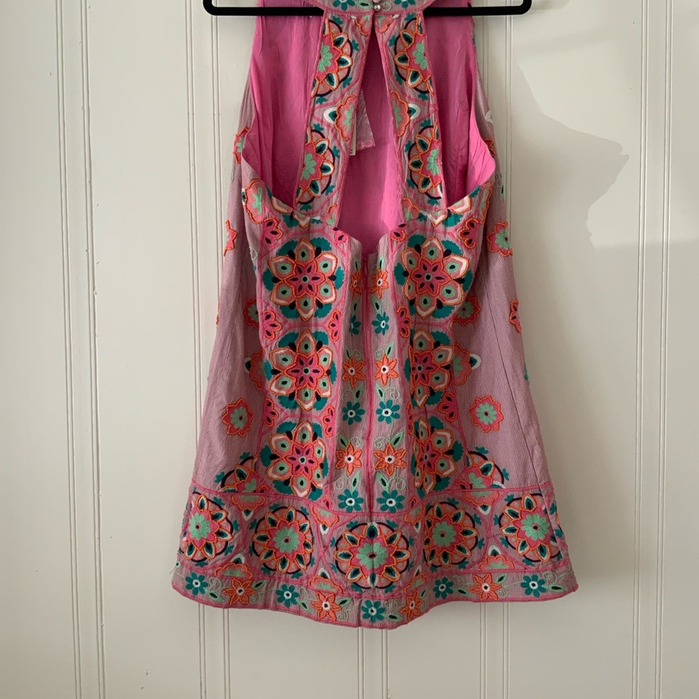 Anthropologie Pink Embroidered Backless Halter Dress